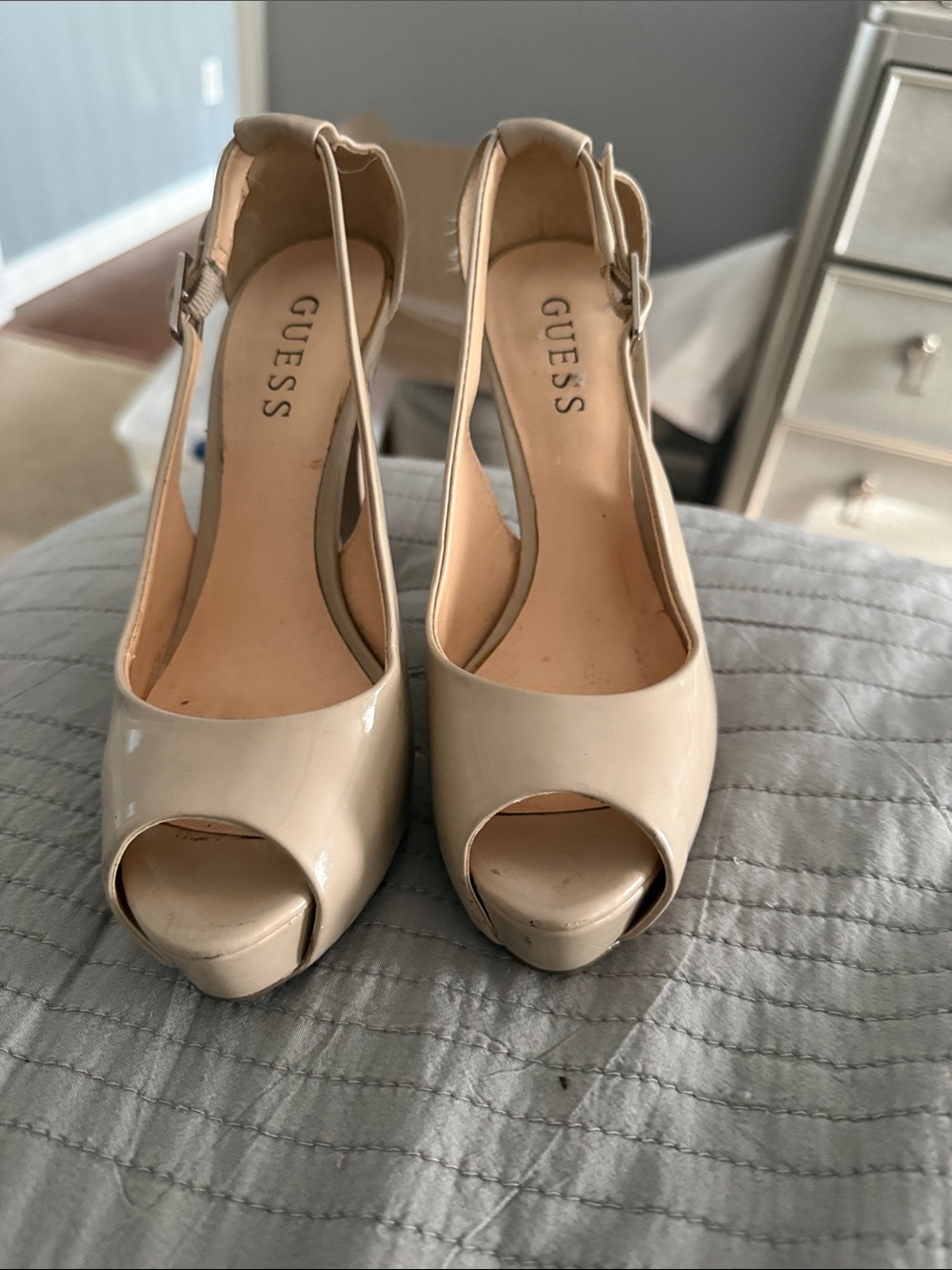 GUESS Patent Nude Peep-Toe Slingback Heels
